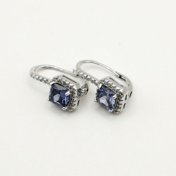 Sterling Silver CZ Sapphire CZ square cut earrings lever backs - Picture 7 of 9